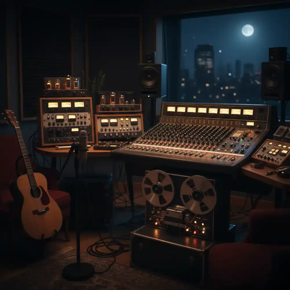 Analog audio equipment in a dark recording studio