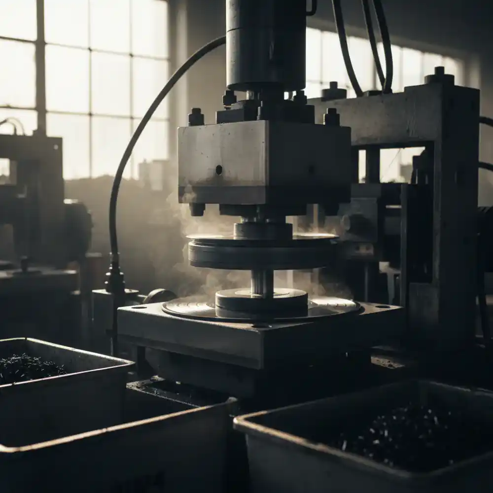 Vinyl record being pressed in a manufacturing plant