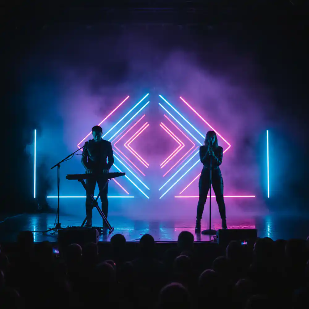Synth pop duo against neon lights