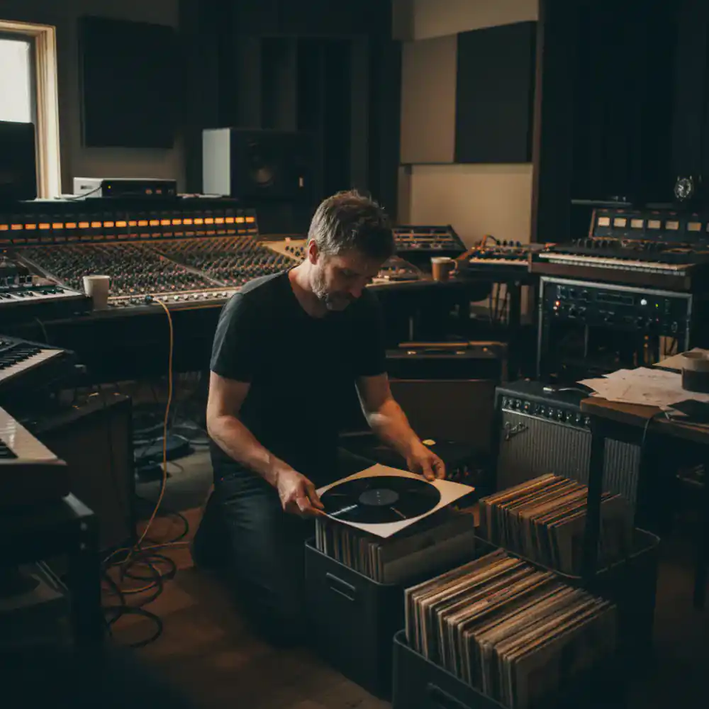 Artist arranging vinyl records in a dark recording studio