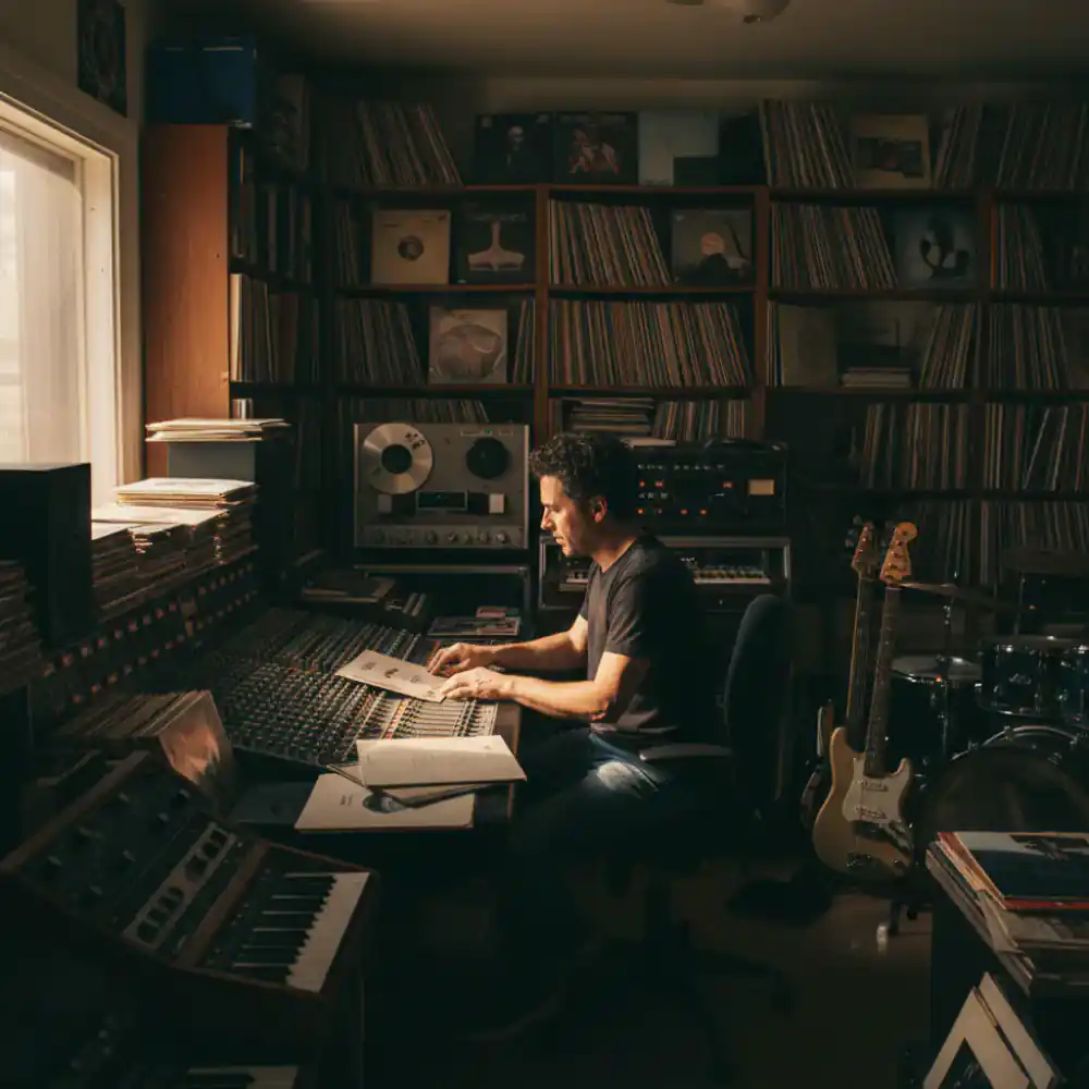 Artist working in a recording studio surrounded by vinyl records