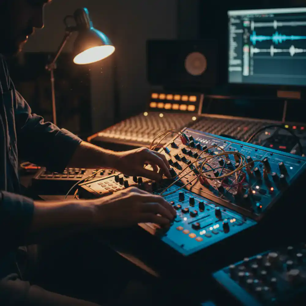 Musician adjusting knobs on a hardware synthesizer