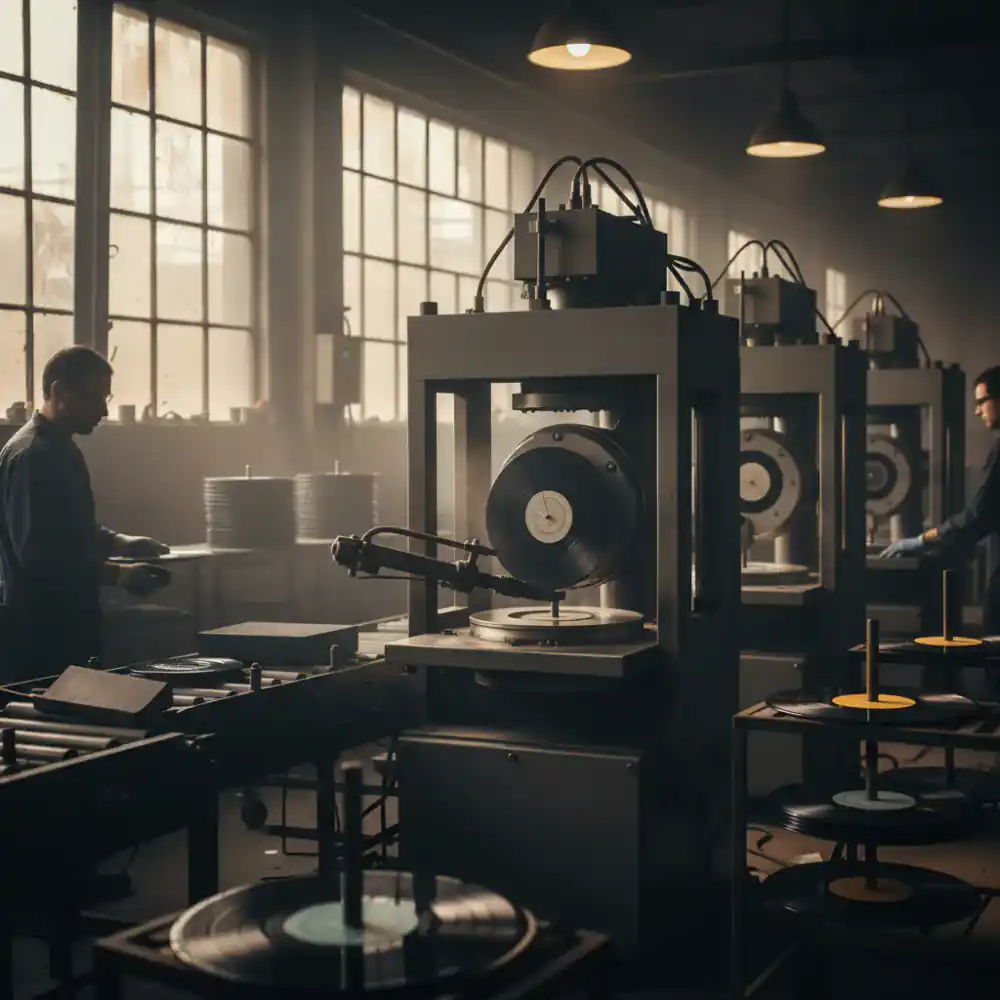 Fresh vinyl records being pressed at the manufacturing plant