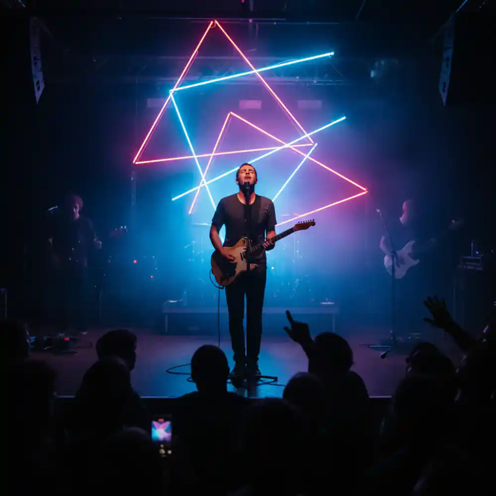 Artist performing live under neon lights